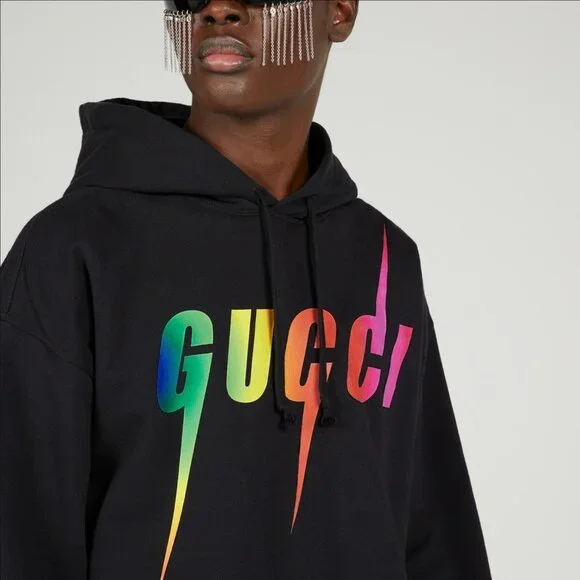 GUCCI MENS SWEATSHIRT BLACK COTTON HOODIE w BLADE LOGO sz L LARGE